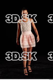 Walking reference of whole body white dress pink skirt black…